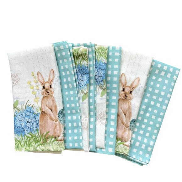 8pc NICOLE MILLER Bunny Rabbit Gingham Floral Cloth Napkins 18x18 Easter New - Picture 1 of 5